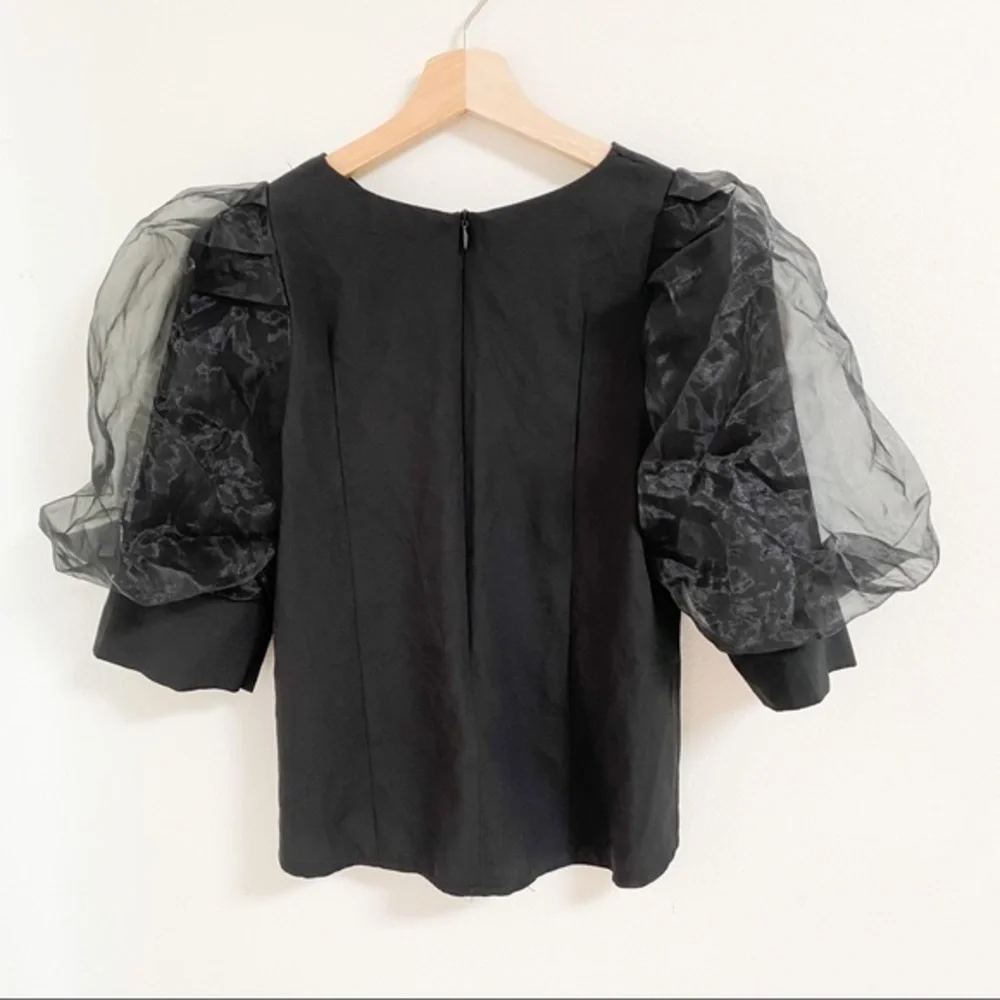 Black with sheer puffy sleeves top blouse